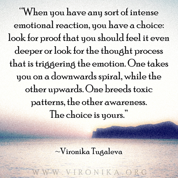 When you have any sort of intense emotional reaction, you have a choice: look for proof that you should feel it even deeper or look for the thought process that is triggering the emotions. Quote by Vironika Tugaleva from The Art of Talking to Yourself.